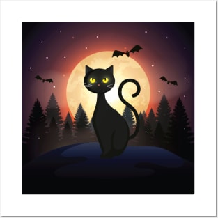 a cat and an owl - black cat - midnight Posters and Art